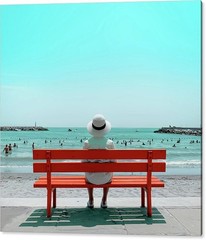 Special Price!!Photograph Solitude on the Beach Red Bench Acrylic Glass 95×95 cm