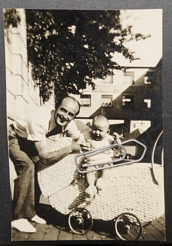 Photo Portrait Man Father Pram Business Advertising Sign View House Building