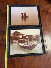 Vintage Asian Boat Photo Prints Framed Wall Art Pair China Hong Kong 15.5×12.5