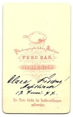 Photograph Ferd. Bak, Sigmaringen, Clara F. in 1877 CDV / Cabinet Photo