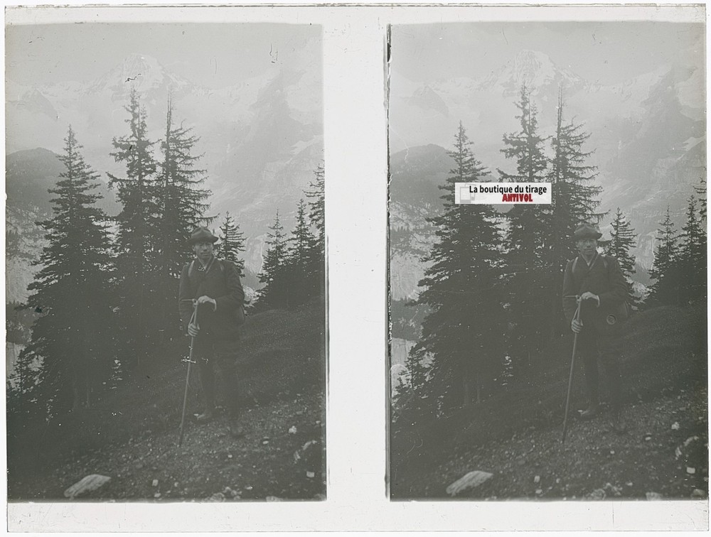 Hiker, Alpes Suisses, Stereo Photo Plate Glass, Black & White, 3 1/2×4 11/16in