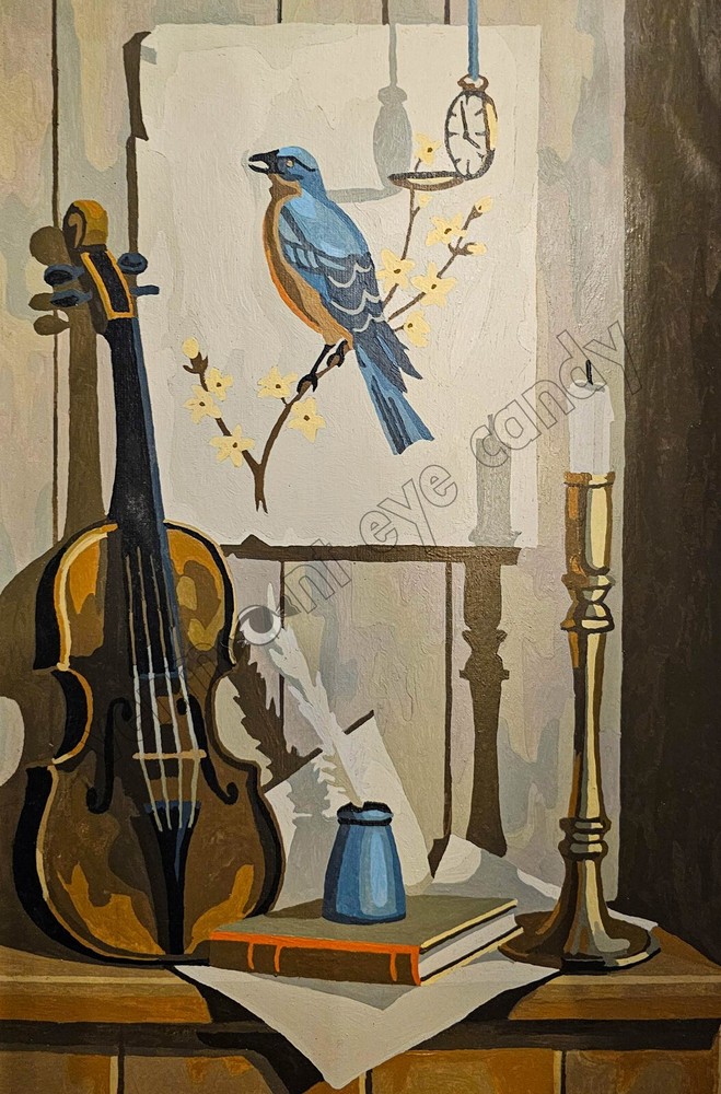 Still Life w Bluebird Violin Candlestick Art Instant DOWNLOAD Dopamine Decor