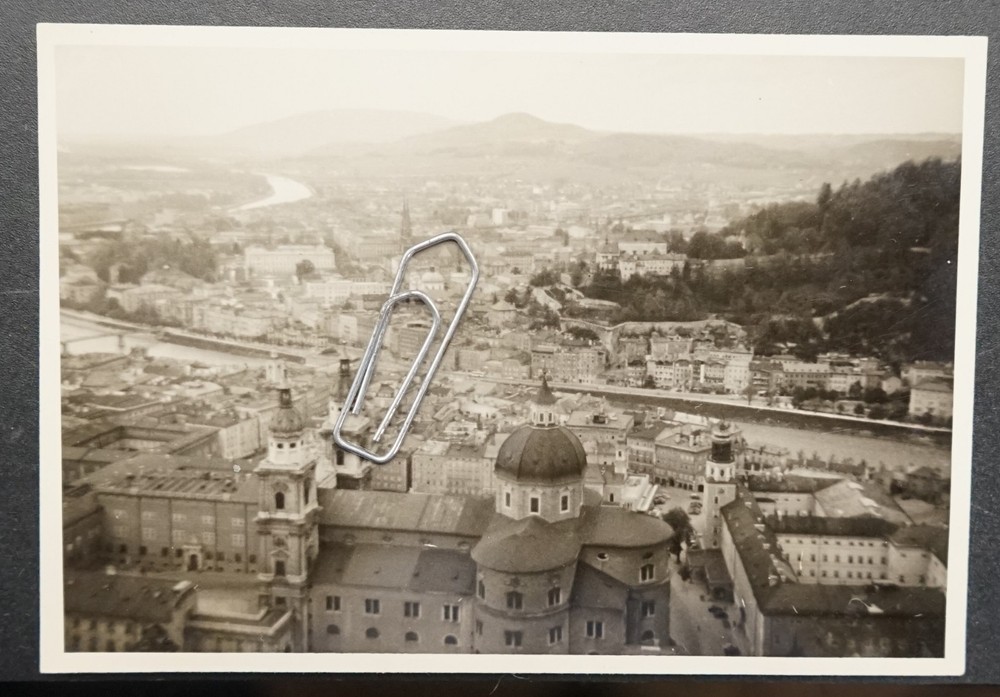 Photo view Salzburg 1956 aerial view church cathedral residential buildings buildings Salzach mountains