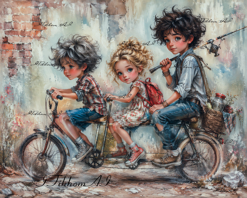 Digital Art Portrait Children Boys Girl Bicycl FrandsGrunge Background Wallpaper