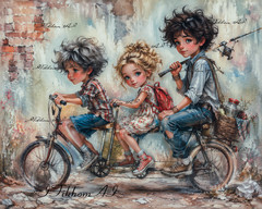 Digital Art Portrait Children Boys Girl Bicycl FrandsGrunge Background Wallpaper