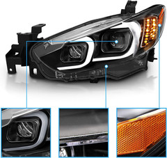 Black Projector Headlights with Glow Bar for 2014-2017 Mazda 6 (Pair) High/Low B