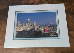 Rick Morley Signed, Seattle Skyline & Mt. Ranier, 10″ x 8″ Matted Print SEALED