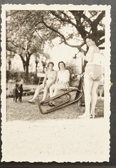 Photo Portrait Young Women Garden Short Pants Vintage Model Swimsuit Work Picture