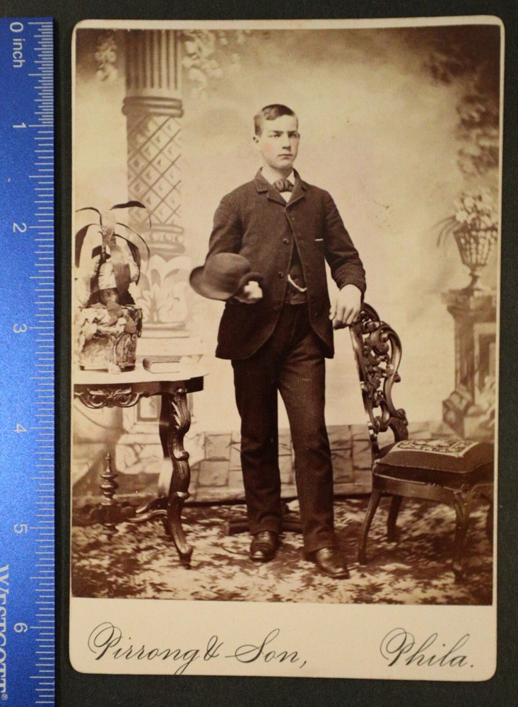 Cabinet Card, 4×6.5, young man in suit, hat, Pirrong & Son, Philadelphia PA
