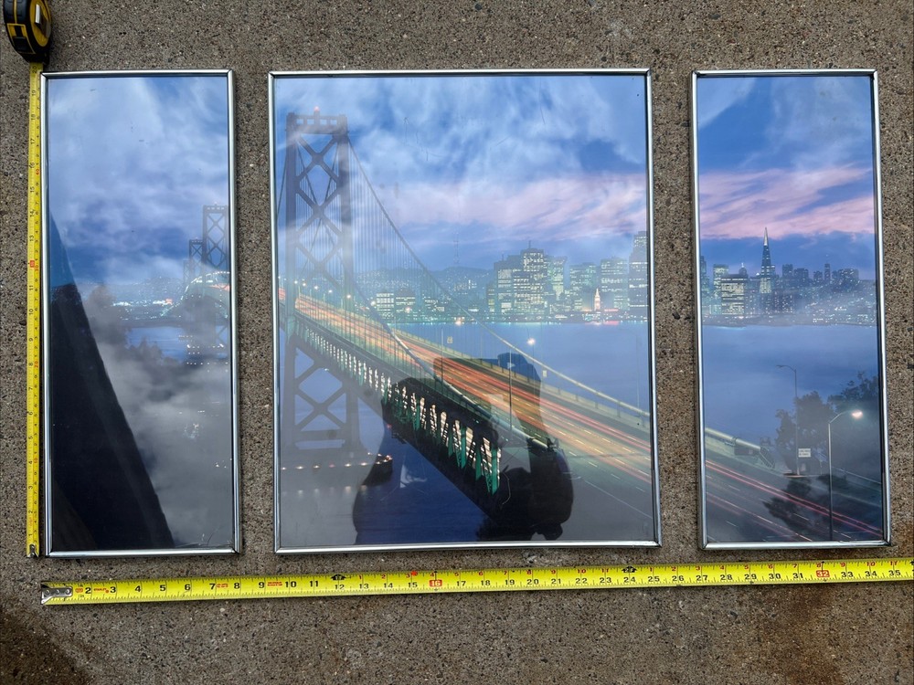 Vintage SAN FRANCISCO SKYLINE BAY BRIDGE 3 Piece Cityscape PHOTO ART Skyline