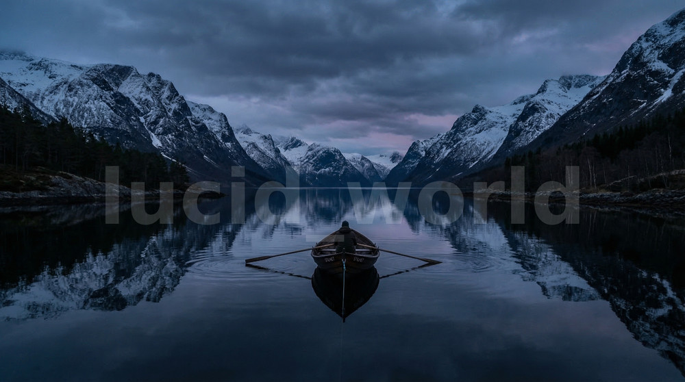Lone Rowboat Dark Fjord Snowy Mountains Digital Download Printable Wall Art File