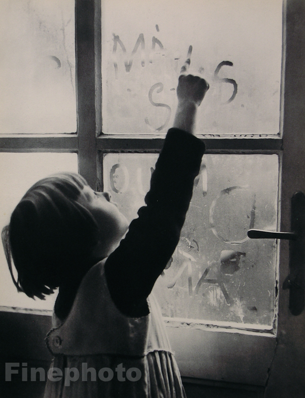 1935 Vintage 16×20 CUTE CHILD WINDOW WRITING Czechoslovakia Photo MARIE GOTTLIEB