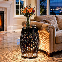 18″ Cutout Metal Outdoor Side Table with 3-Mode LED Lights, Modern Decorative Dr