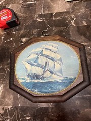 Vintage Ship Framed On A Beaded Glass 9.5″ x 11.5″