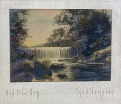 Antique Fred Thompson Colored Photo Print Old Mill Dam Frame is 9 3/4” by 8”