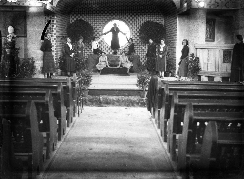 vintage fine art glass negative, modern women in church, actress, unusual, 1930