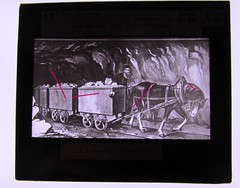 mining feeder with horses antique hist. large glass picture