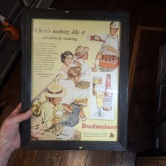 Vintage 1950s Budweiser Beer Baseball Advertisement Picture Framed Glass