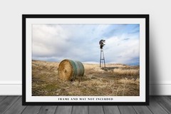 Windmill and Hay Bale Photography Print: Oklahoma, Farm, Prairie, Picture, Photo