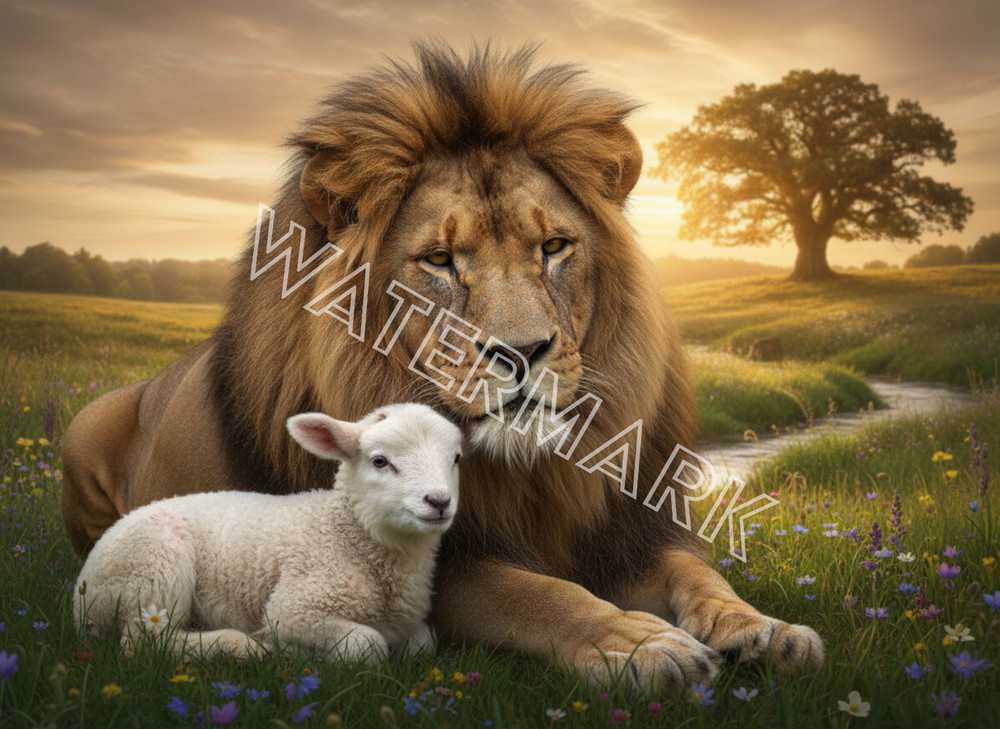 Lion and Lamb with Field of Flowers and Stream Artwork Digital Picture Photo