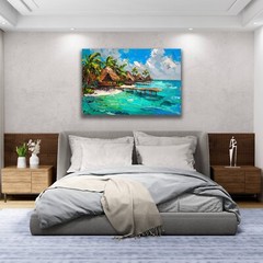 Bora Bora Oil Painting, Bora Bora Beach Landscape, Palm Trees Tiki Hut Wall Art