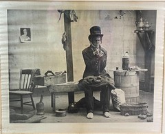 Antique Framed Photograph Black & White on Silk Framed Tramp Mending Coat