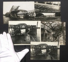 5 photographs view of Riga, blown up railway bridge with new bridge