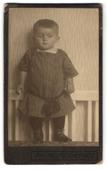 Photograph Joh. Niclou, Chemnitz, Carolastr. 6, Toddler in Striped Dressc