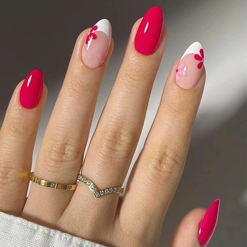24 Pack Short Oval French Nails Press on Nails, Floral Custom Fit Design Acrylic…