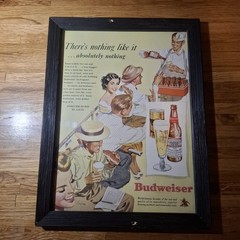 Vintage 1950s Budweiser Beer Baseball Advertisement Picture Framed Glass