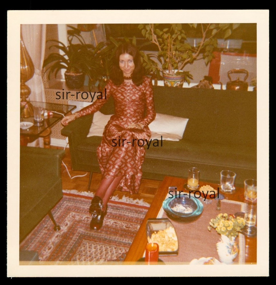Pretty Woman in Beautiful Dress – 1970s Vintage Fashion Furniture Interior – Photo 9x9cm