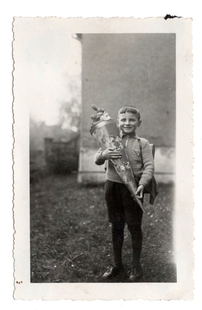 Photograph Boy with School Bag Easter Bunny 1936 Enrollment Sugar Bag (K1067)
