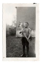 Photograph Boy with School Bag Easter Bunny 1936 Enrollment Sugar Bag (K1067)