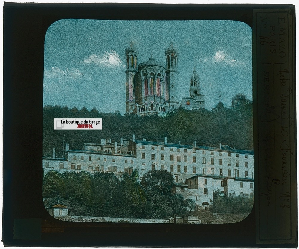 Basilica Notre-Dame de Fourvière Lyon, Antique Glass Color Plaque, 8.5×10 Cm