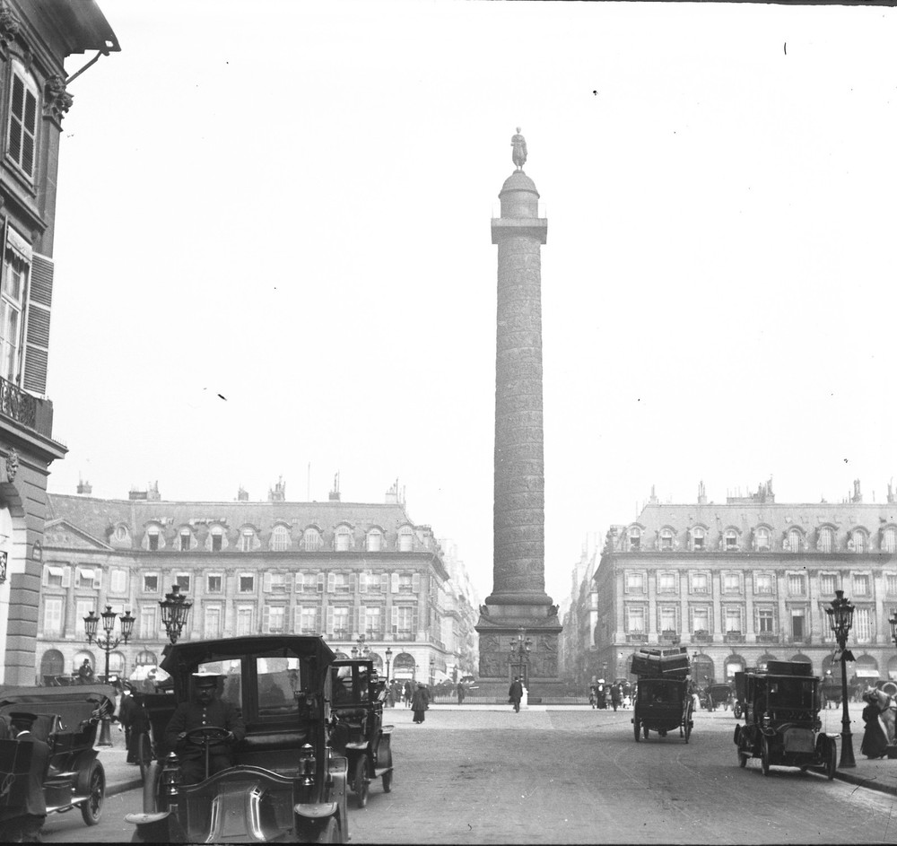 STEREO GLASS NEGATIVE,, PARIS, Place Vendôme, old classic cars, cityscape, rar