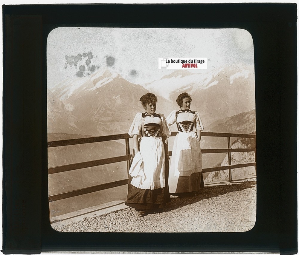 Alpes Suisses, Women, Photo Antique Plate Glass, Sepia, 3 5/16×3 7/8in