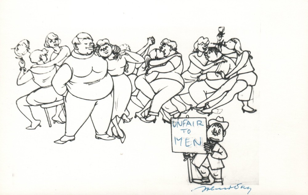 1964 RARE John Olday Real Photo SIGNED Satirical Cartoon Unfair to Men POSTCARD