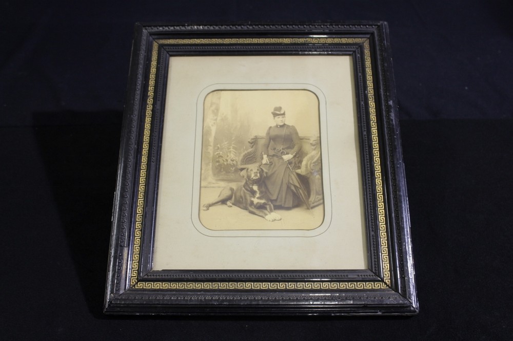 19th Century German Photo of Woman & Dog in Original Mat & Frame 18″