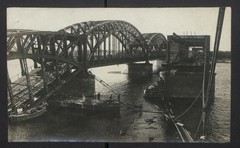 5 photographs view of Riga, blown up railway bridge with new bridge