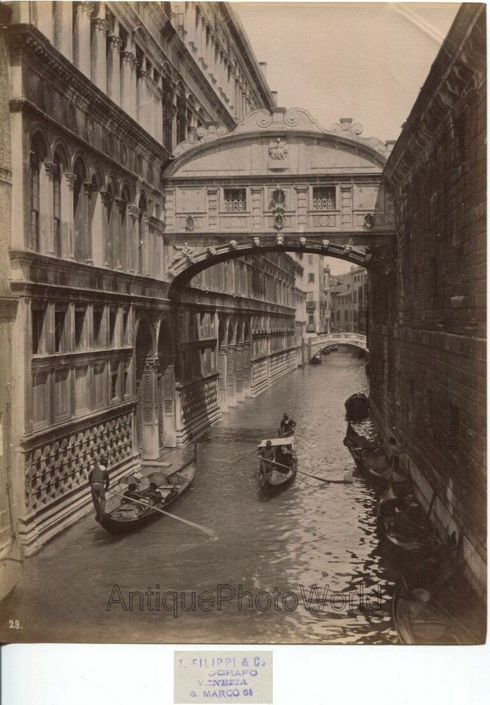 Gondola under Bridge of Sighs Venice Italy antique albumen photo by Filippi