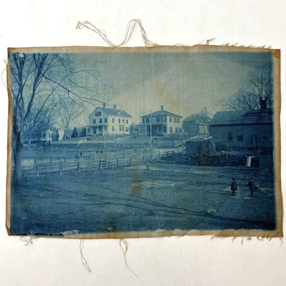 Antique Cyanotype Old New England Town Unknown Farm Linen Fabric Photograph Blue