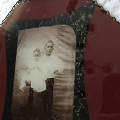 Vintage Old Handmade ?photo in glass with chain wrapped around 9”x9”