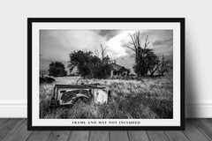 Rusted Pickup Bed and Abandoned House Oklahoma Black and White Photography Print
