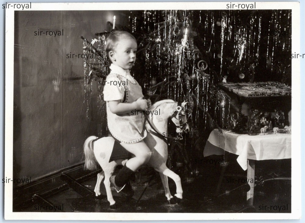 Boy on Rocking Horse at Christmas with Nativity & Xmas Tree – Photo 9x6cm