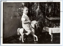 Boy on Rocking Horse at Christmas with Nativity & Xmas Tree – Photo 9x6cm