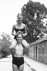 young couple in swimsuits, funny, vintage fine art negative! 1950’s
