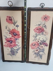 Vtg 1970s Floral Framed Wood Art Robert Laessig AVA Set 9″x18.»