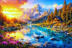 Mountain Lake Sunset Digital Art | Alpine Cabin Landscape Wall Ai Art Download