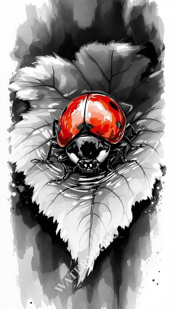Digital Image Ladybug on a Leaf Cute Picture Wallpaper Desktop Wall Art A85