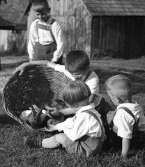 HART village, Austria, children w rabbits, by Eduard PEZDIKA, vintage fine art n